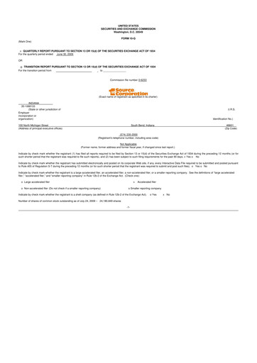 Thumbnail 1st Source
 10-Q Quarterly Report FY 