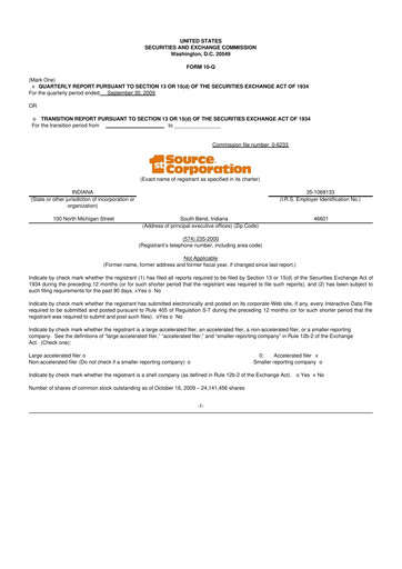 Thumbnail 1st Source
 10-Q Quarterly Report FY 