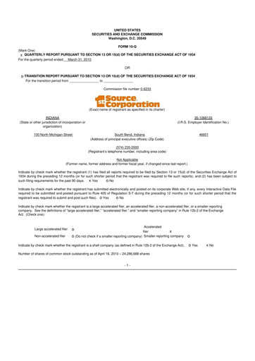 Thumbnail 1st Source
 10-Q Quarterly Report FY 