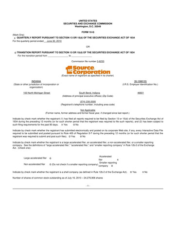 Thumbnail 1st Source
 10-Q Quarterly Report FY 