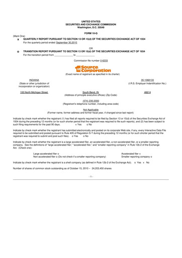 Thumbnail 1st Source
 10-Q Quarterly Report FY 