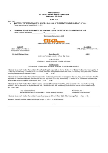 Thumbnail 1st Source
 10-Q Quarterly Report FY 