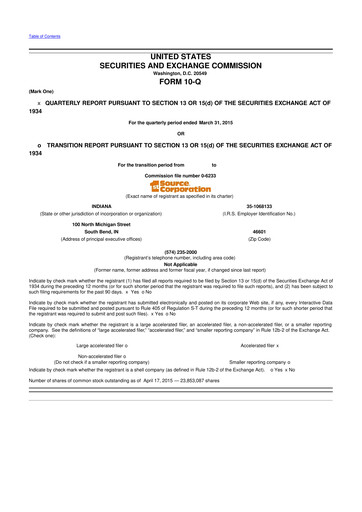 Thumbnail 1st Source
 10-Q Quarterly Report FY2015 