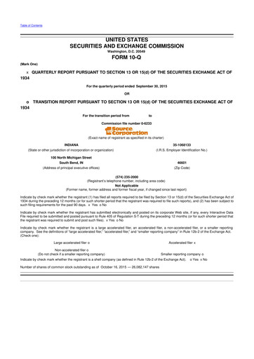 Thumbnail 1st Source
 10-Q Quarterly Report FY2015 