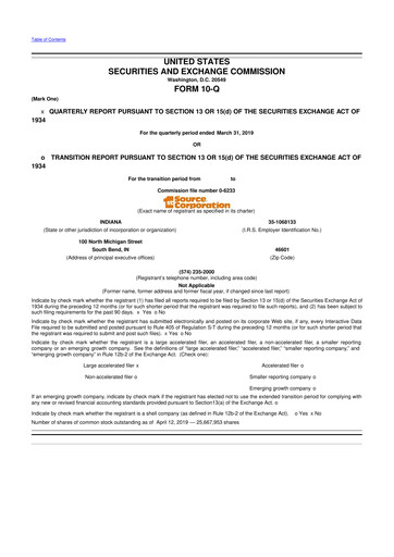 Thumbnail 1st Source
 10-Q Quarterly Report FY2019 