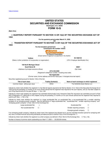 Thumbnail 1st Source
 10-Q Quarterly Report FY2020 