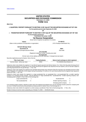 Thumbnail 1st Source
 10-Q Quarterly Report FY 