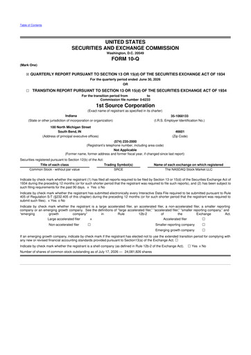 Thumbnail 1st Source
 10-Q Quarterly Report FY 