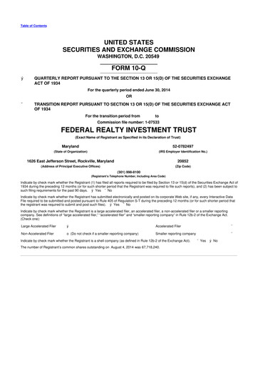 Thumbnail Federal Realty Investment Trust
 10-Q Quarterly Report FY2014 