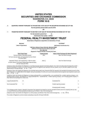 Thumbnail Federal Realty Investment Trust
 10-Q Quarterly Report FY2019 