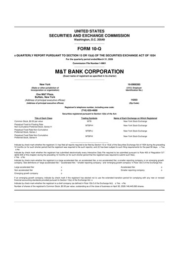 Thumbnail M&T Bank 10-Q Quarterly Report FY 