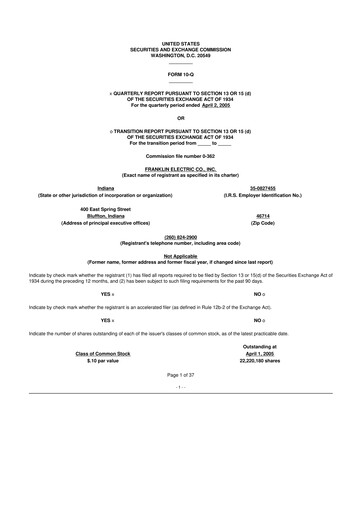 Thumbnail Franklin Electric
 10-Q Quarterly Report FY 