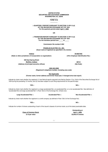 Thumbnail Franklin Electric
 10-Q Quarterly Report FY 
