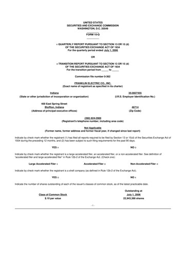 Thumbnail Franklin Electric
 10-Q Quarterly Report FY 