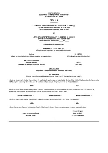 Thumbnail Franklin Electric
 10-Q Quarterly Report FY 