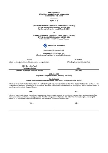 Thumbnail Franklin Electric
 10-Q Quarterly Report FY2019 
