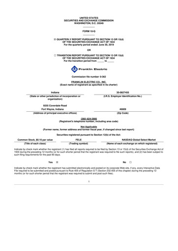 Thumbnail Franklin Electric
 10-Q Quarterly Report FY2019 