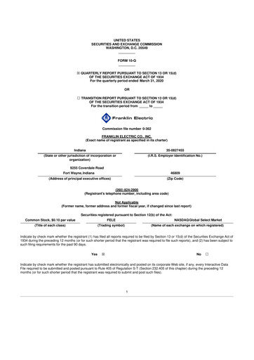 Thumbnail Franklin Electric
 10-Q Quarterly Report FY2020 