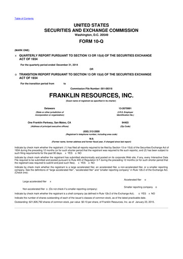 Miniature Franklin Resources 10-Q Rapport trimestriel 2015 