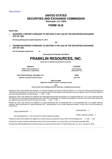 Miniature Franklin Resources 10-Q Rapport trimestriel 2016 