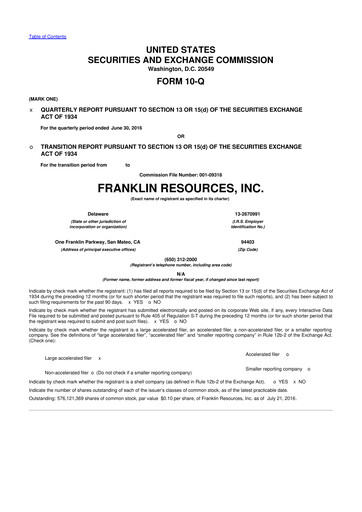 Miniature Franklin Resources 10-Q Rapport trimestriel 2016 