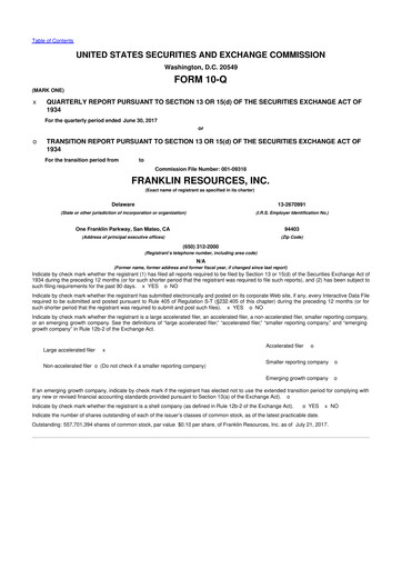 Miniature Franklin Resources 10-Q Rapport trimestriel 2017 