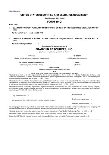 Miniature Franklin Resources 10-Q Rapport trimestriel 2018 