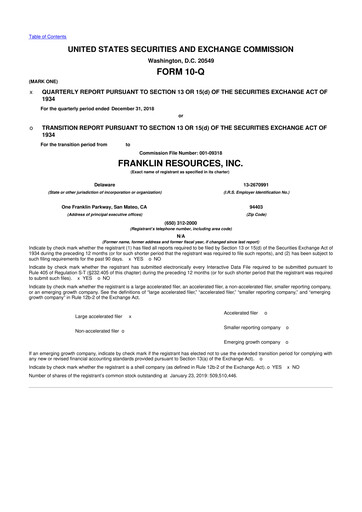 Miniature Franklin Resources 10-Q Rapport trimestriel 2019 