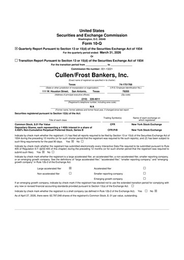 Thumbnail Cullen/Frost Bankers 10-Q Quarterly Report FY 