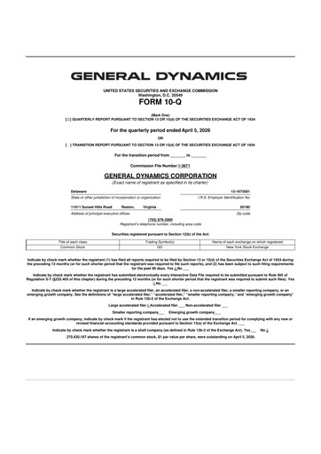 Thumbnail General Dynamics 10-Q Quarterly Report FY 