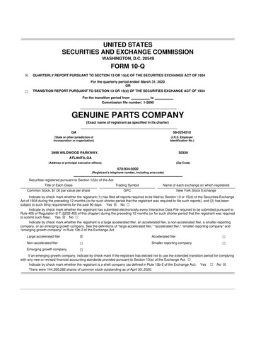 Thumbnail Genuine Parts Company
 10-Q Quarterly Report FY2020 