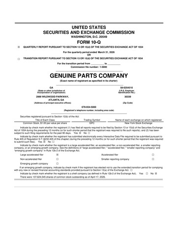 Thumbnail Genuine Parts Company
 10-Q Quarterly Report FY 