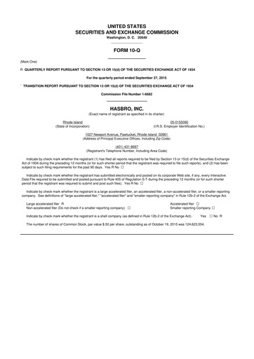 Vorschaubild Hasbro 10-Q Quartalsbericht 2015 