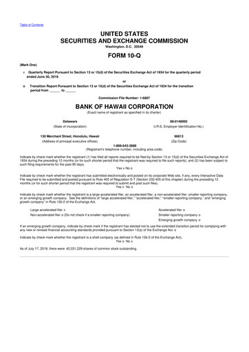 Thumbnail Bank of Hawaii
 10-Q Quarterly Report FY2018 