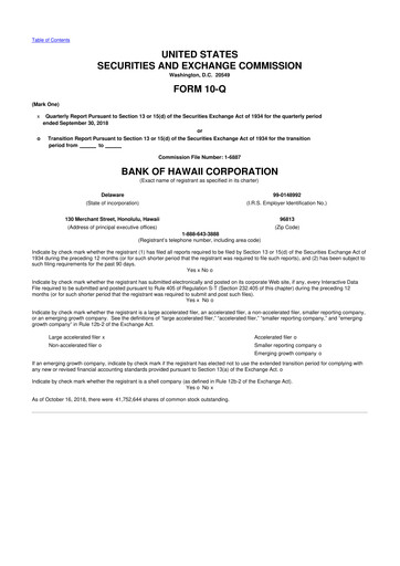 Thumbnail Bank of Hawaii
 10-Q Quarterly Report FY2018 