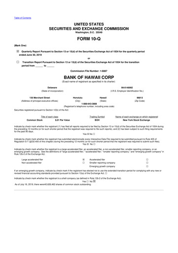 Thumbnail Bank of Hawaii
 10-Q Quarterly Report FY2019 