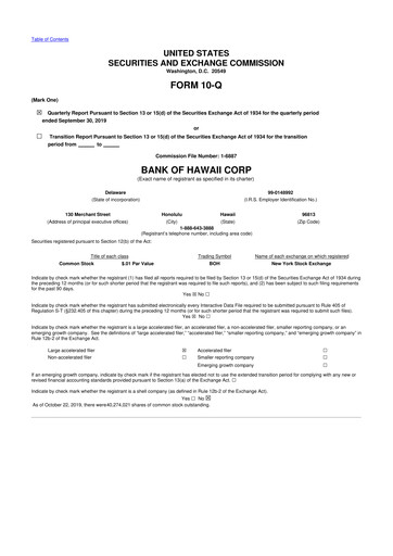 Thumbnail Bank of Hawaii
 10-Q Quarterly Report FY2019 