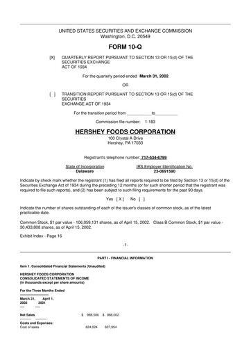 Miniature The Hershey Company 10-Q Rapport trimestriel  