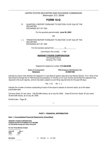 Miniature The Hershey Company 10-Q Rapport trimestriel  