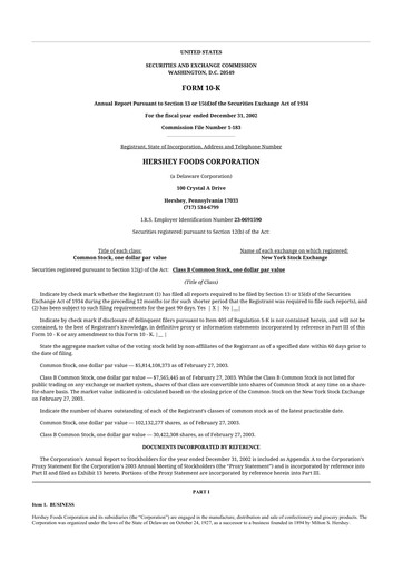 Thumbnail The Hershey Company 10-K Annual Report 