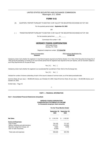 Miniature The Hershey Company 10-Q Rapport trimestriel  