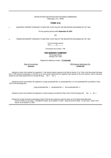 Miniature The Hershey Company 10-Q Rapport trimestriel  