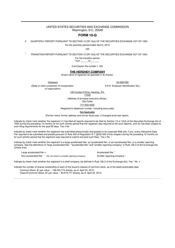 Miniature The Hershey Company 10-Q Rapport trimestriel 2015 