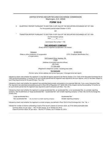 Miniature The Hershey Company 10-Q Rapport trimestriel 2015 