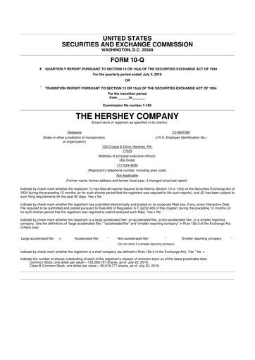 Miniature The Hershey Company 10-Q Rapport trimestriel 2016 