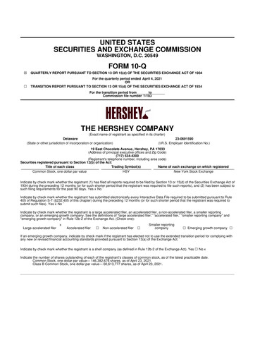 Miniature The Hershey Company 10-Q Rapport trimestriel 2021 
