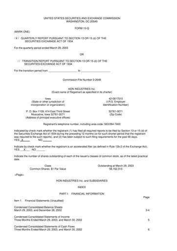 Miniature HNI Corporation
 10-Q Rapport trimestriel  