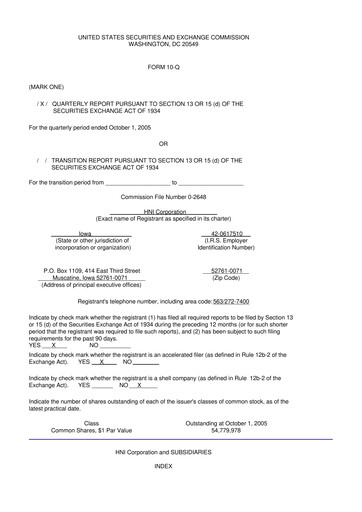 Miniature HNI Corporation
 10-Q Rapport trimestriel  