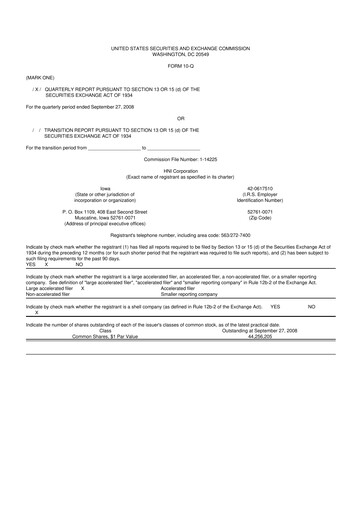 Miniature HNI Corporation
 10-Q Rapport trimestriel  