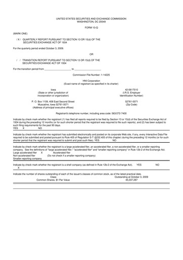 Miniature HNI Corporation
 10-Q Rapport trimestriel  